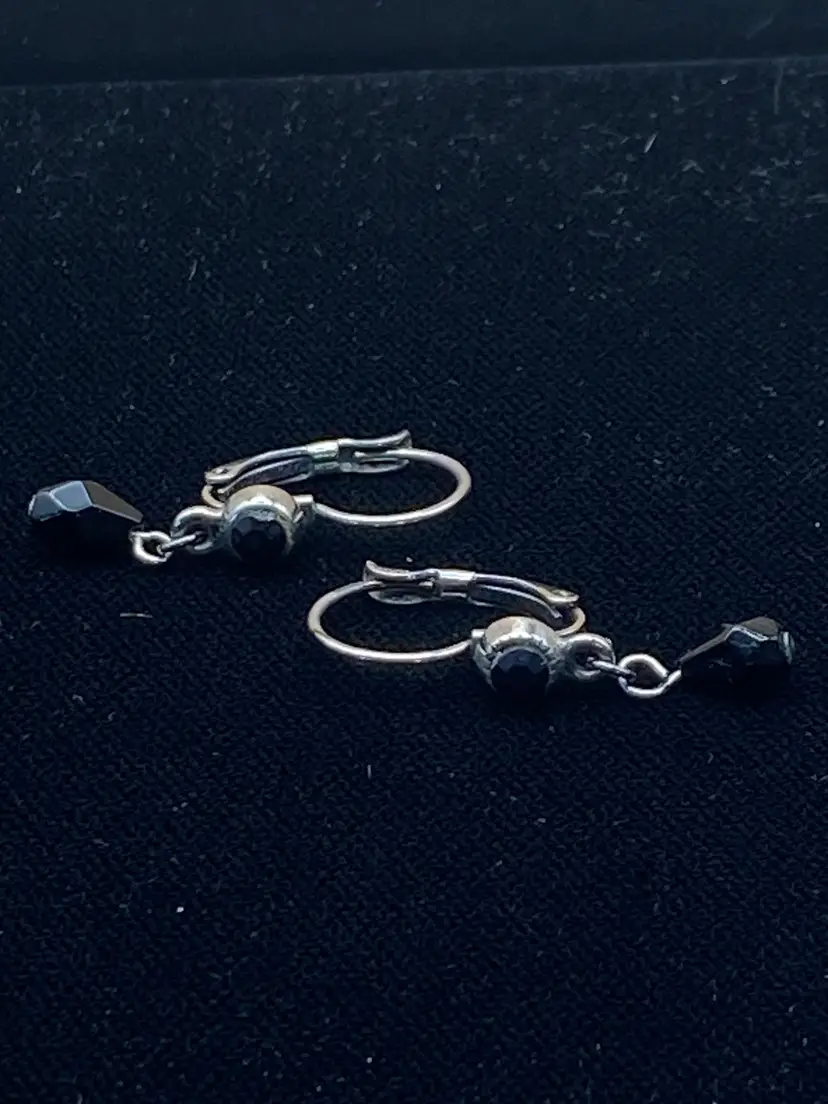 Pair of Metal Drop Earrings w/ Black Stones/Beads and Lever Back Closure