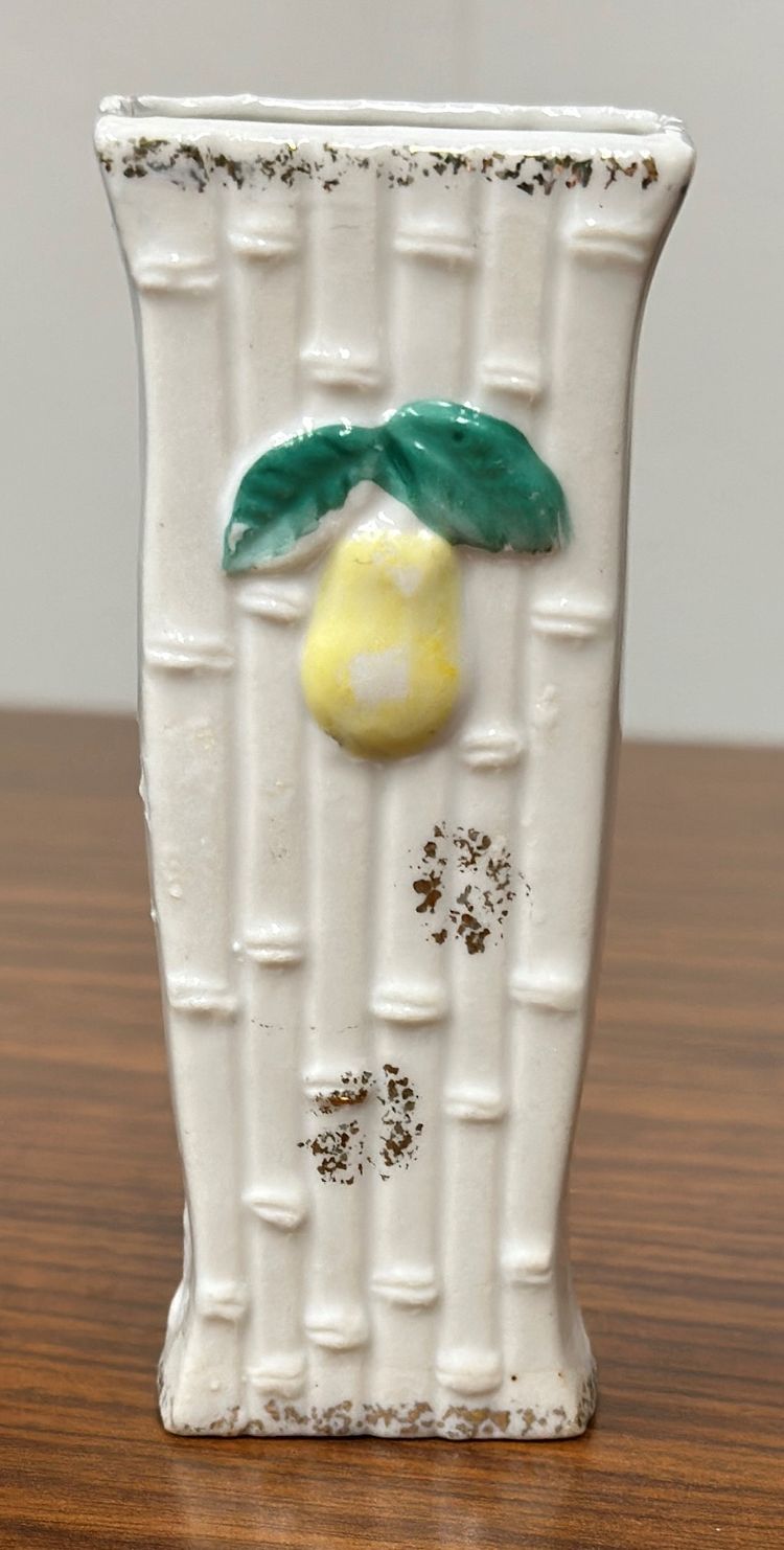 Vintage Porcelain Miniature Vase Bamboo Pear Fruit Motif 4" Tall