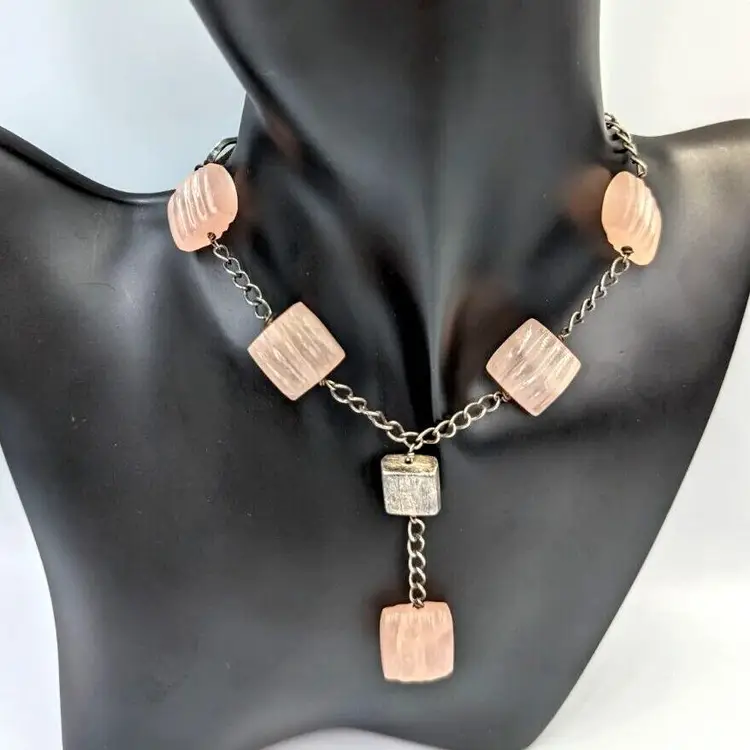 Rose Quartz Sterling Silver Necklace Y-Drop Modernist Art Deco Style Carved Gemstones