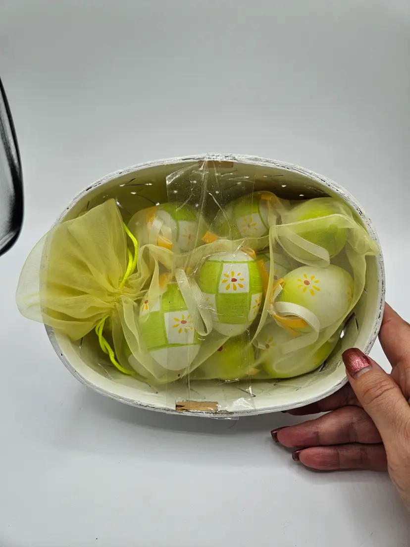 White Wicket Basket Full of Plastic Easter Egg Ornaments 8" x 6"