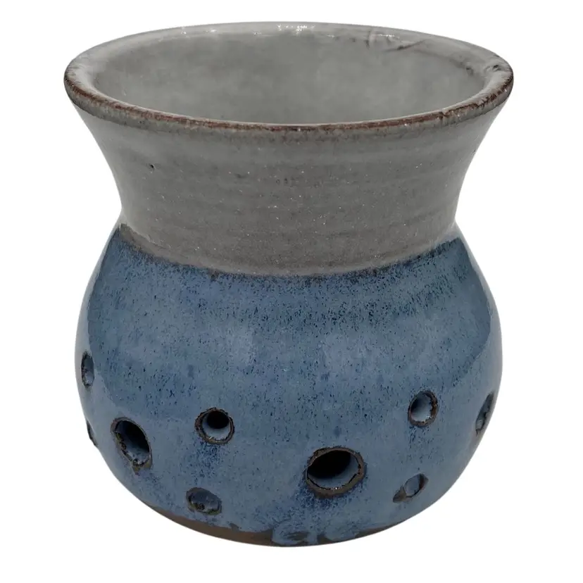 Studio Pottery Stoneware Blue Drip Vase/Candle Holder, Dual Layer Design