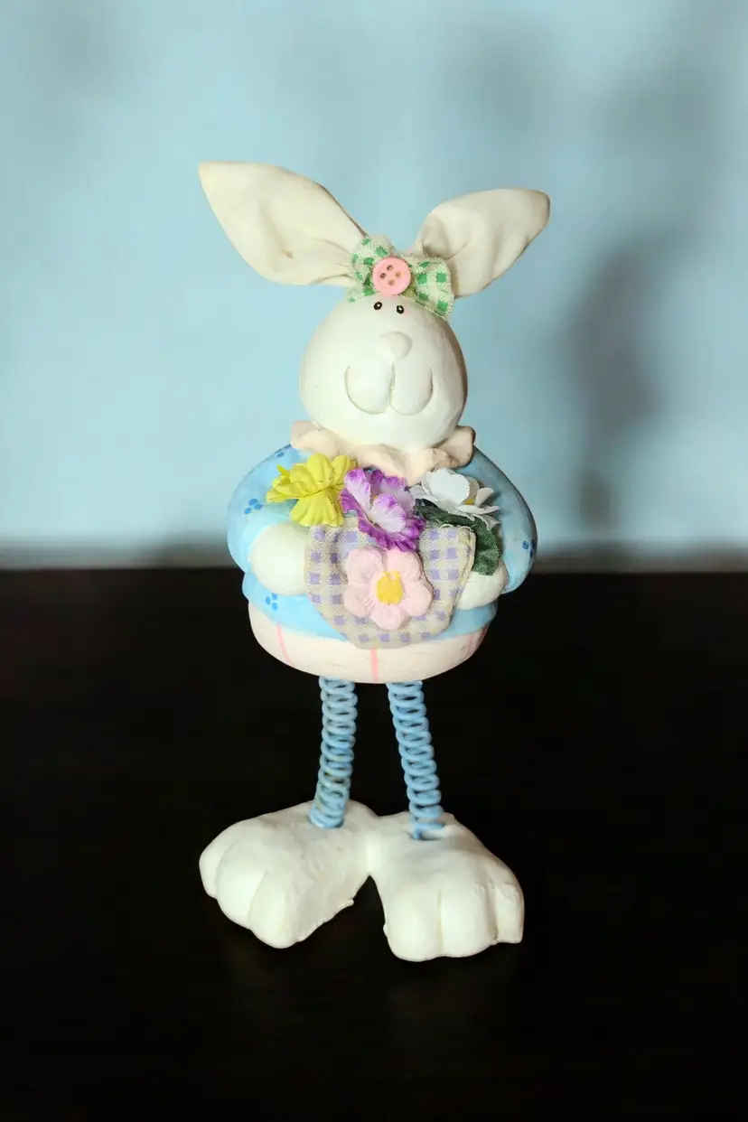 Vtg Handpainted Coil Leg Rabbit Figurine 7.5in Spring Flowers Easter Bouncy READ