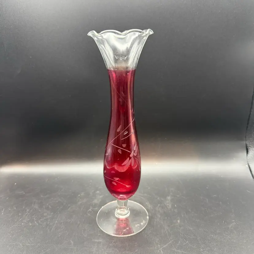 Etched Cranberry Glass Bud Vase With Ruffled Rim And Pedestal Base