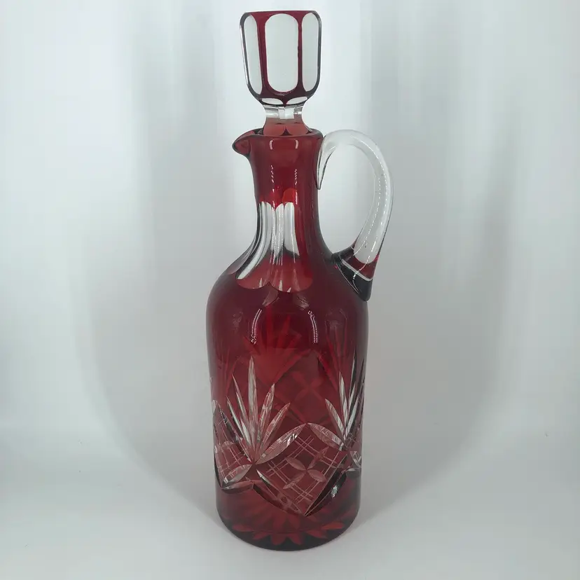 Vintage Ruby Red Cut to Clear Glass Decanter with Stopper