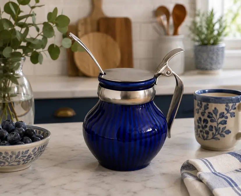 Vintage Rorstrand Swedish Pottery & Stainless Cobalt Blue Lidded Mustard/Condiment Jar