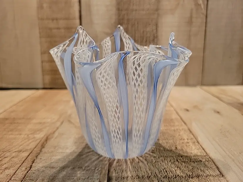 Murano Latticino Blue & White Art Ribbon Blown Glass Vase Bowl Handkerchief