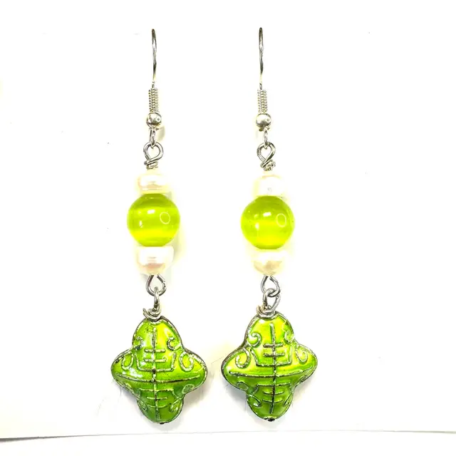 Green Enamel Charm Glass Freshwater Pearl Beaded Handmade Dangle Earrings Silver Tone 2.25”L Made By Me