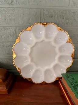 Vintage Milk Glass Deviled Egg Plate with Gold Trim – 10 Inch Mid Century Egg Platter – Easter Brunch Serving Dish