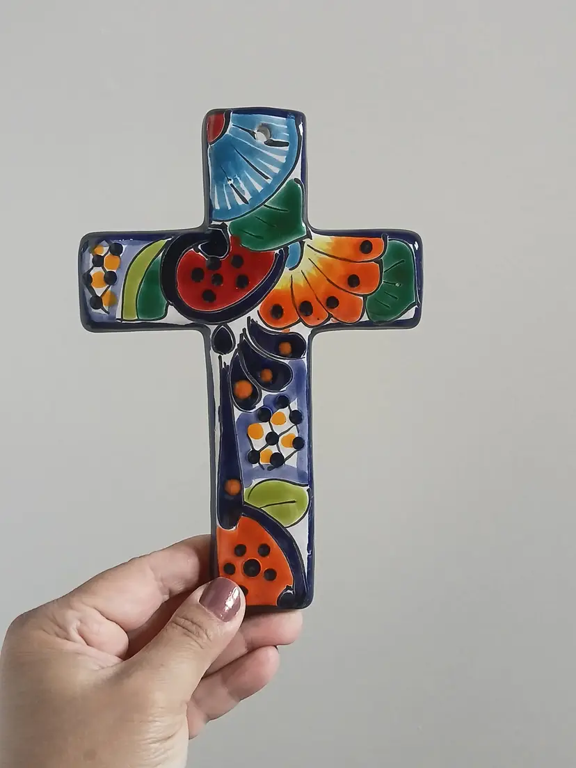 Talavera Handpainted Pottery Wall Cross Crucifix Floral 7.3"