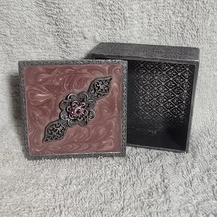 Pink Enamel Metal Trinket Box Filigree Flower Rhinestone Keepsake