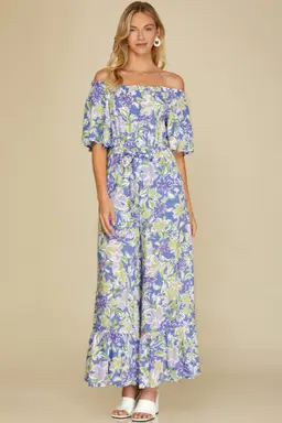 She + Sky Ruffled Off Shoulder Flowy Jumpsuit - Violet Blue