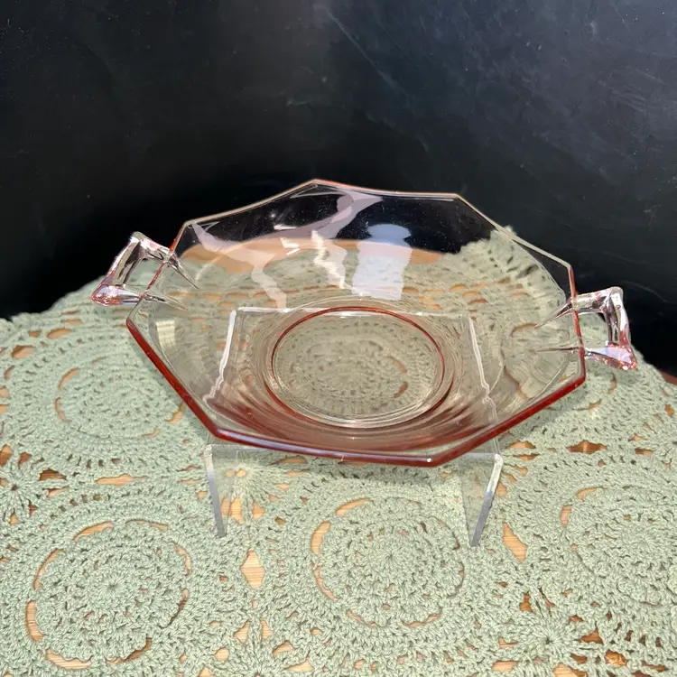 Vintage Pink Depression Glass Octagon Serving Tidbit Nut Candy Dish Bowl with Handles