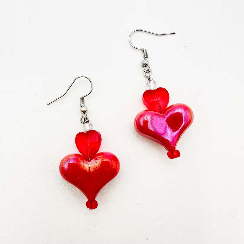 Valentine's Day Earrings Red Plastic Heart Beads with Red Crystal Heart Accents Handmade