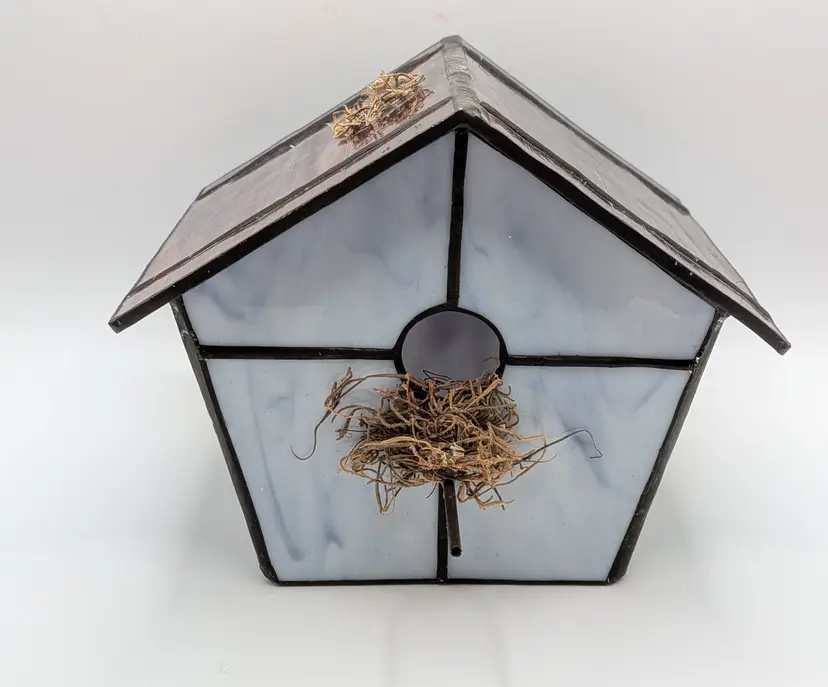 Stained Glass Bird House Purple Slag Glass Blue Slag Glass