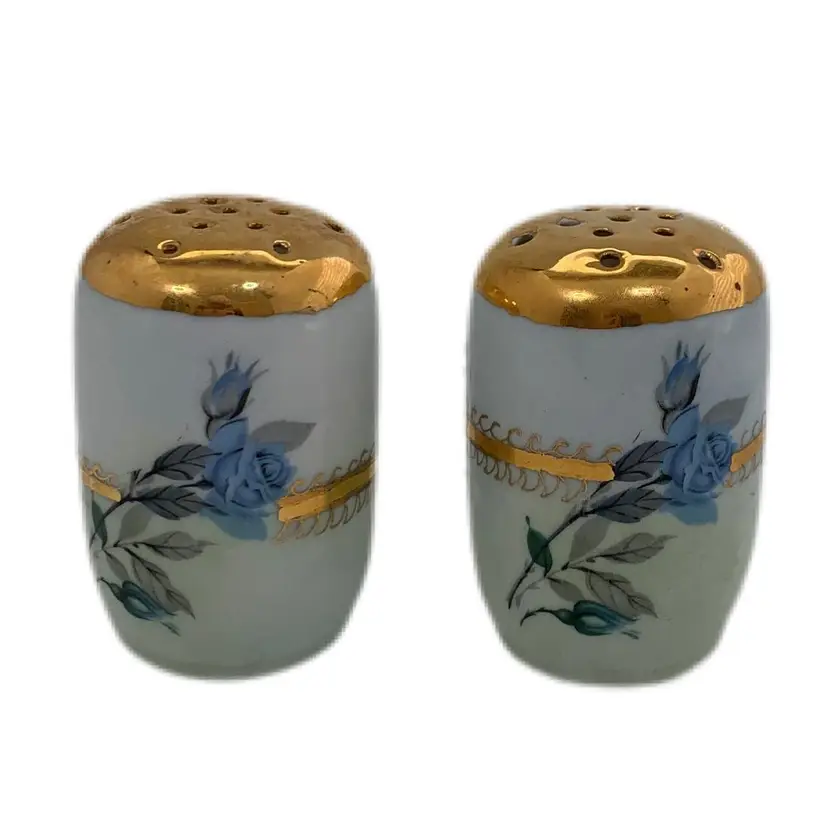 Bavaria Signed Salt Pepper Shaker Set Floral Blue Gold Vintage Cottagecore