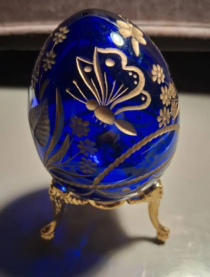 Vintage St. Petersburg Russian Cobalt & Gold  Faberge-Style Egg and Stand