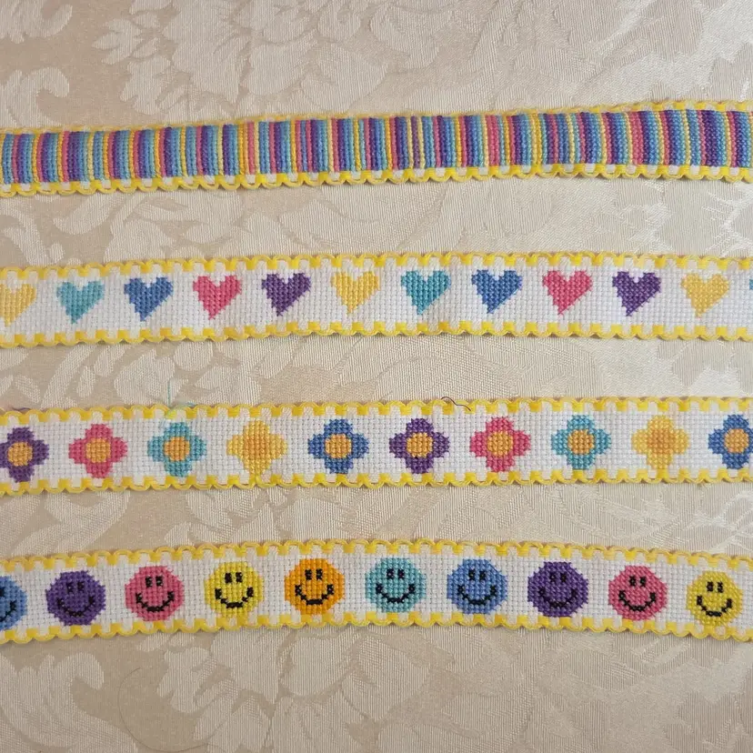 New Lot of Multi Color Cross-stitched Ribband Trim; flowers, hearts, smiley faces, and stripes