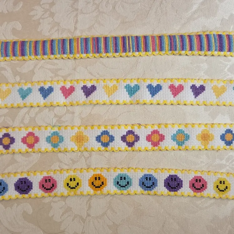 New Lot of Multi Color Cross-stitched Ribband Trim; flowers, hearts, smiley faces, and stripes