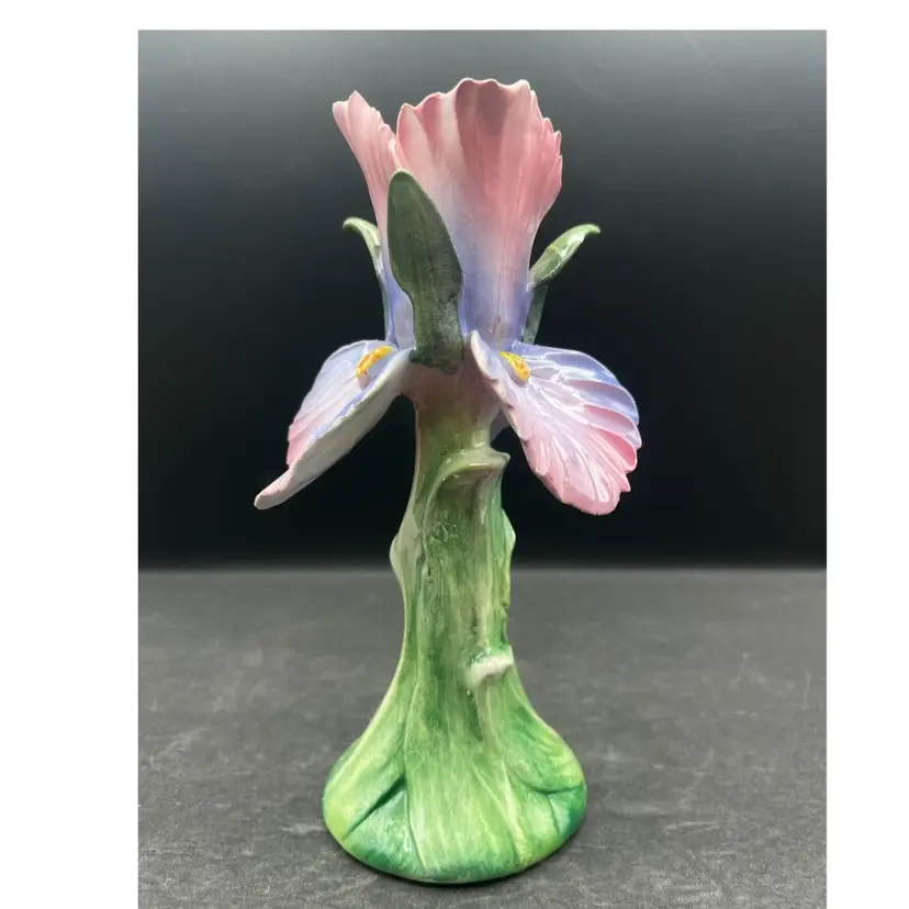 #397B Vintage Italian Handmade, Hand Painted Ceramic Pottery Pink And Purple Iris Flower Form Candlestick Holder