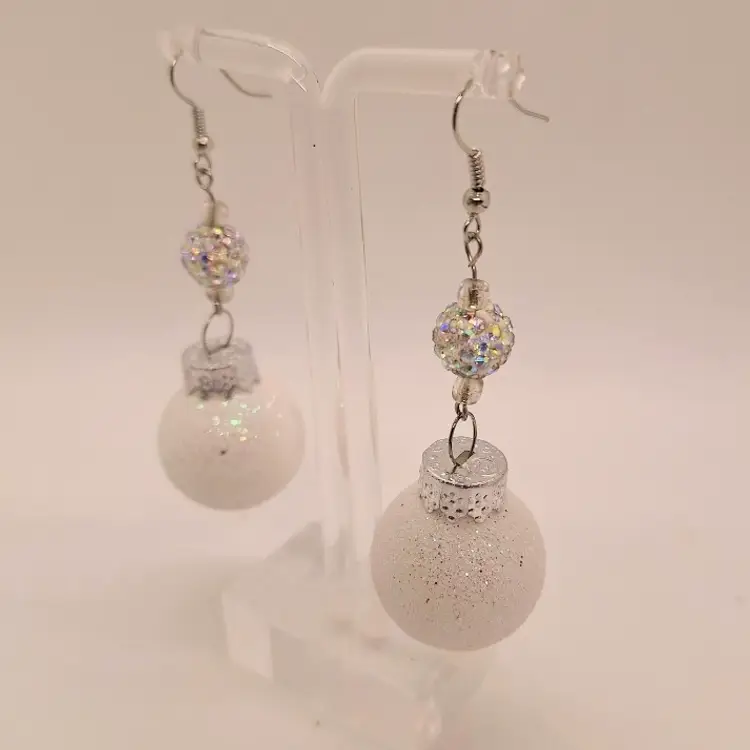 Christmas Ornament Earrings White Sparkle Ball AB Shambala Bead
