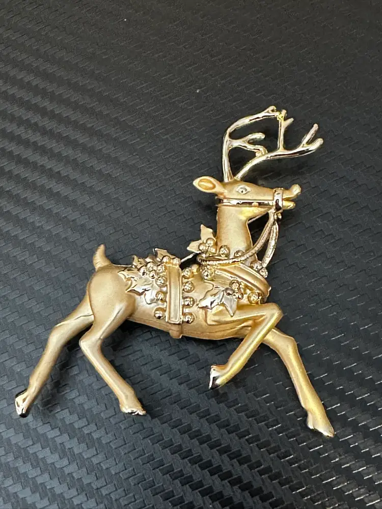 Goldstone Reindeer Brooch - Large 3” By 2.75”