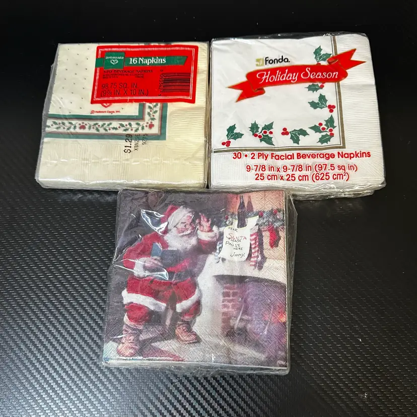 3 Holiday Themed Paper Napkins - Coco-Cola 1993, Fonda 1999, & 90’s Hallmark