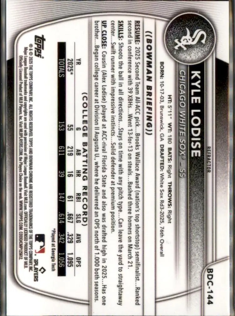 2025 Bowman Draft #BDC-144 Kyle Lodise Chrome Refractor - (138) - Chicago White Sox