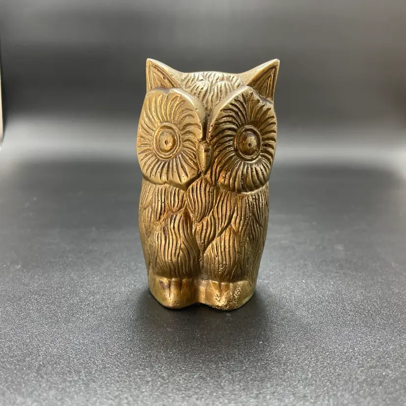 Brass Owl Bird Paperweight Figurine Sculpture MCM Vintage