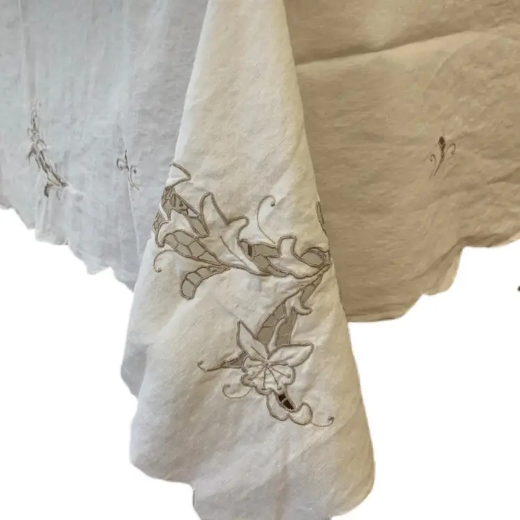 Linen Cutwork Cut Out Floral Tablecloth Embroidery Cottagecore 61x76 Vintage Shabby Décor