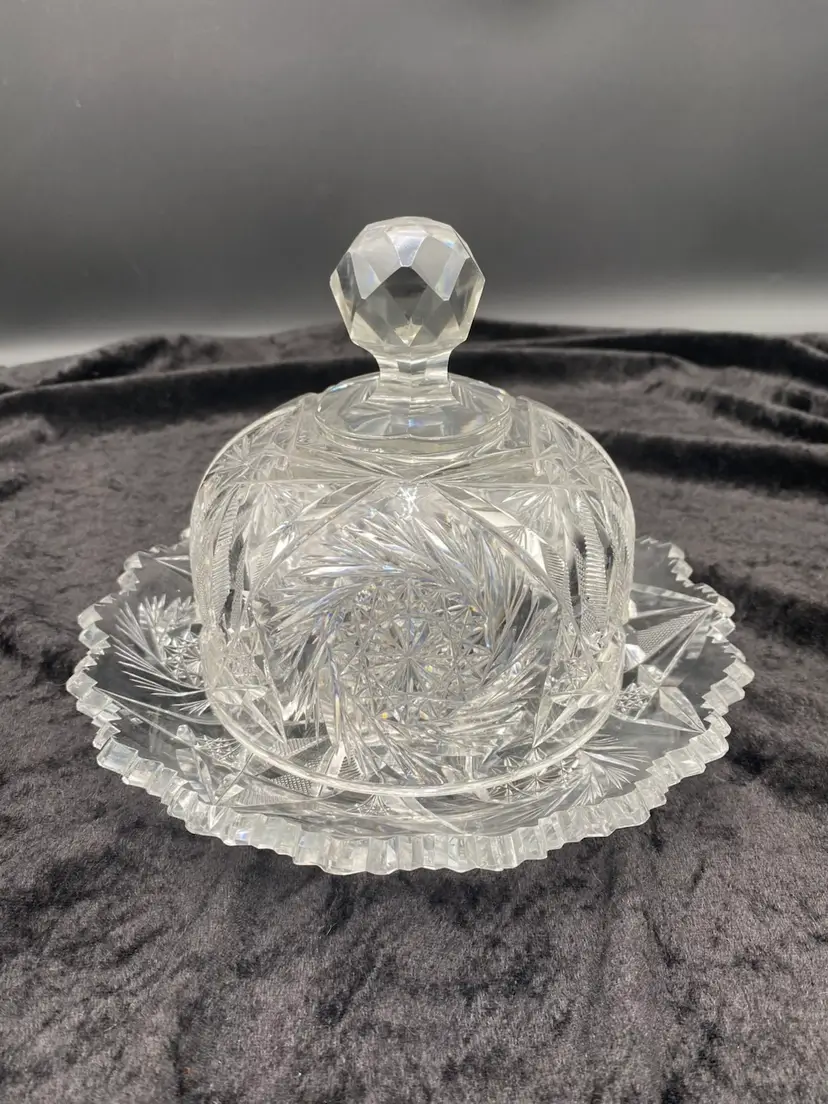 Antique American Brilliant Cut Glass Cheese Dome w/Underplate, Ozone Pattern