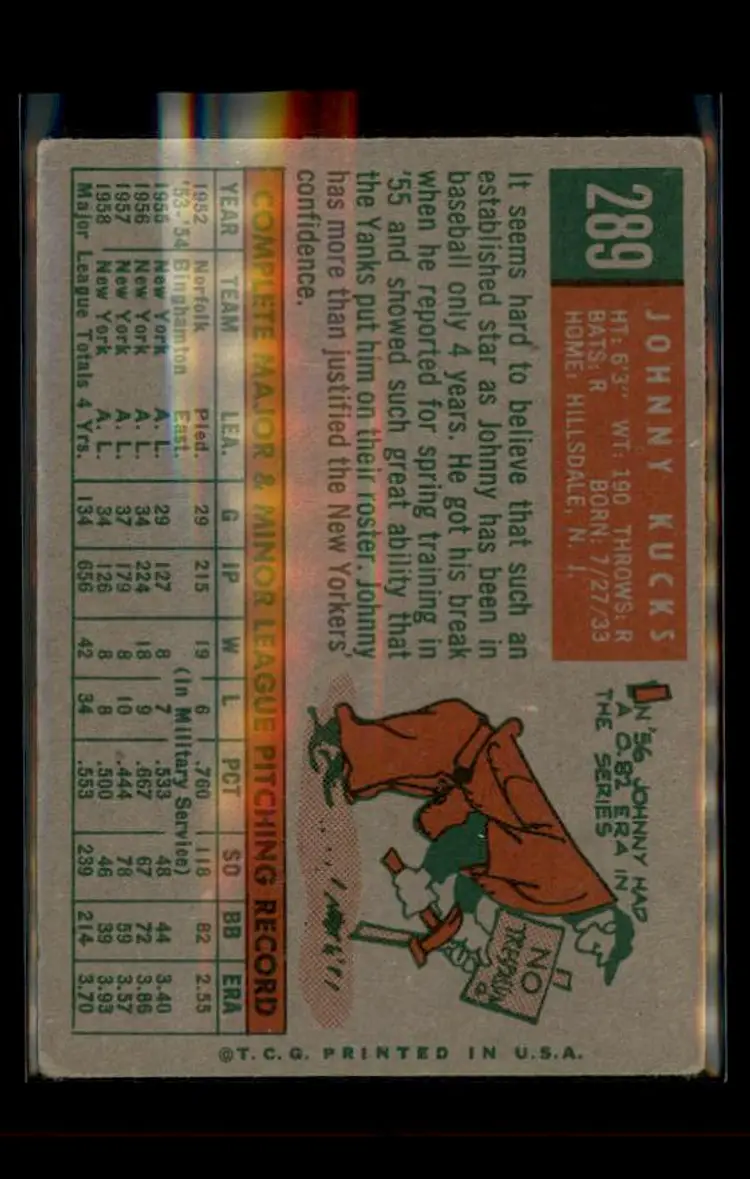 1959 Topps #289 Johnny Kucks - (pk4) - New York Yankees