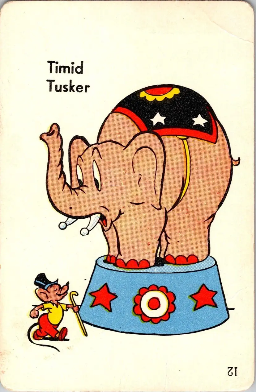Trade Card ED-U-Cards #12 Timid Tusker Circus Elephant with Mouse - Junk Journal
