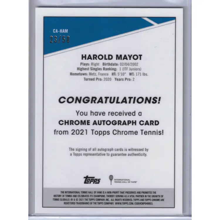 Harold Mayot Autograph Refractor #'d /50 Topps Chrome Tennis Card 2021
