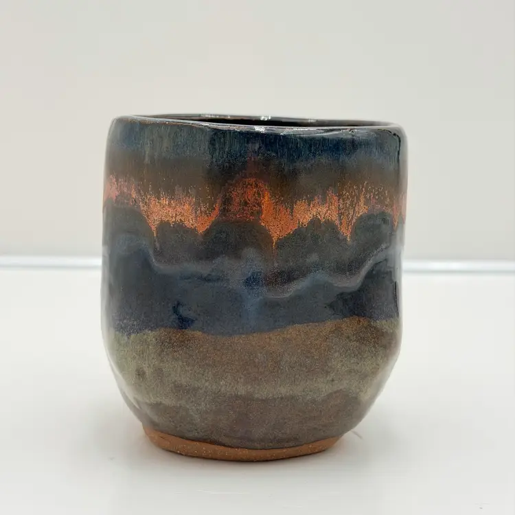 Signed Studio Pottery Blue, Tans And Copper Drip Glaze Small
Planter