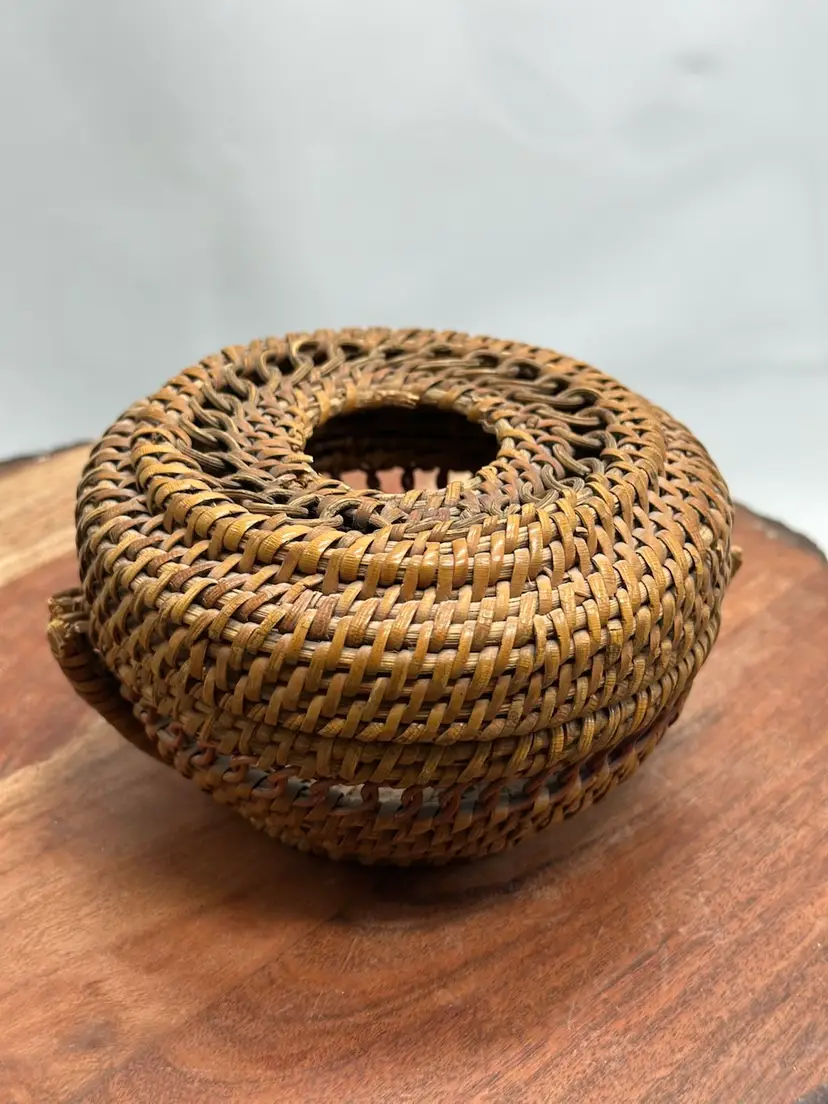 Vintage Hair Receiver Native American Design Wicker Needle Basketware RARE