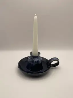 Handmade, Glazed Pottery, Candleholder with Handle Navy Blue/Lt. Blue Drip Glaze