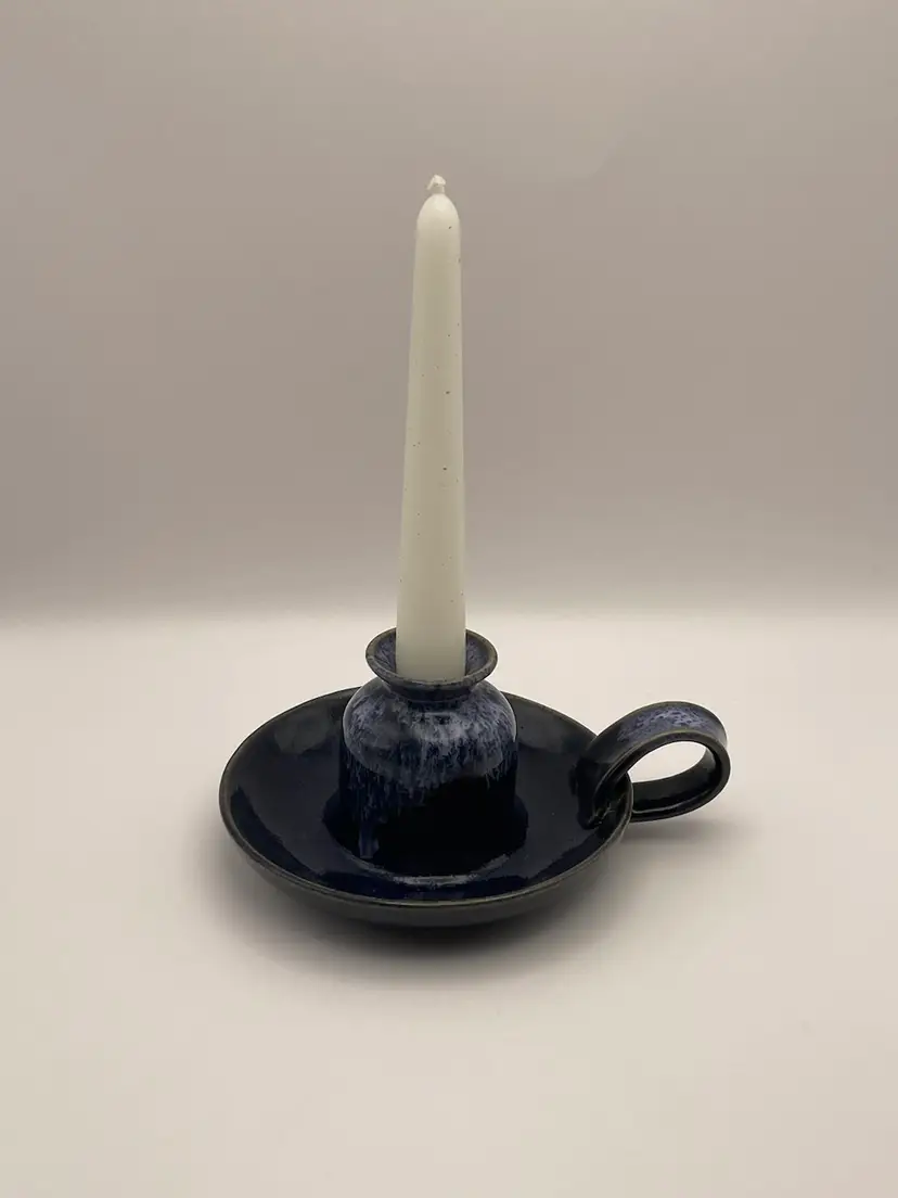 Handmade, Glazed Pottery, Candleholder with Handle Navy Blue/Lt. Blue Drip Glaze
