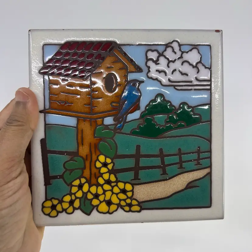 Handmade Ceramic Tile Trivet With Bird/Bird House