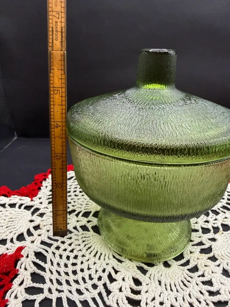 Vintage Jeannette Glass green footed candy dish with a lid, featuring a textured "tree bark"