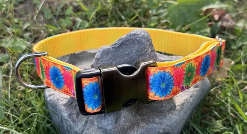 Dog Collar Yellow Flower Large Handmade Heavy Duty Pattern NEW
