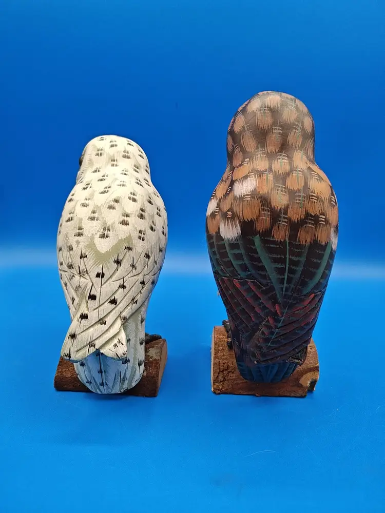 Charming Pair of Vintage Hand-Carved Wooden Owl Figurines
