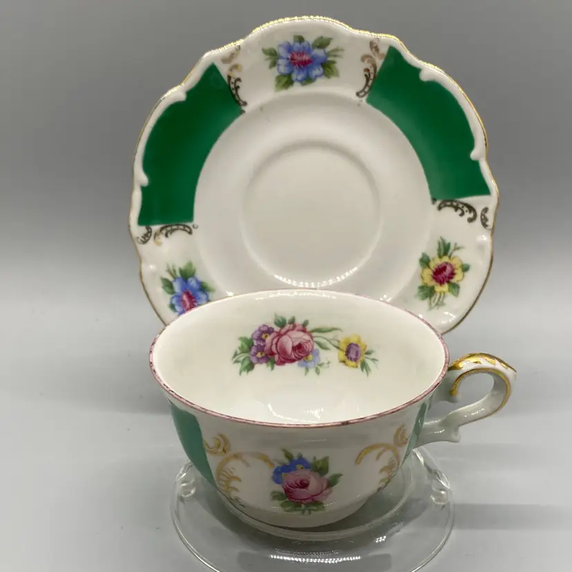 Bareuther Bavaria Hand Painted Floral Demitasse Cup and Saucer with Stand