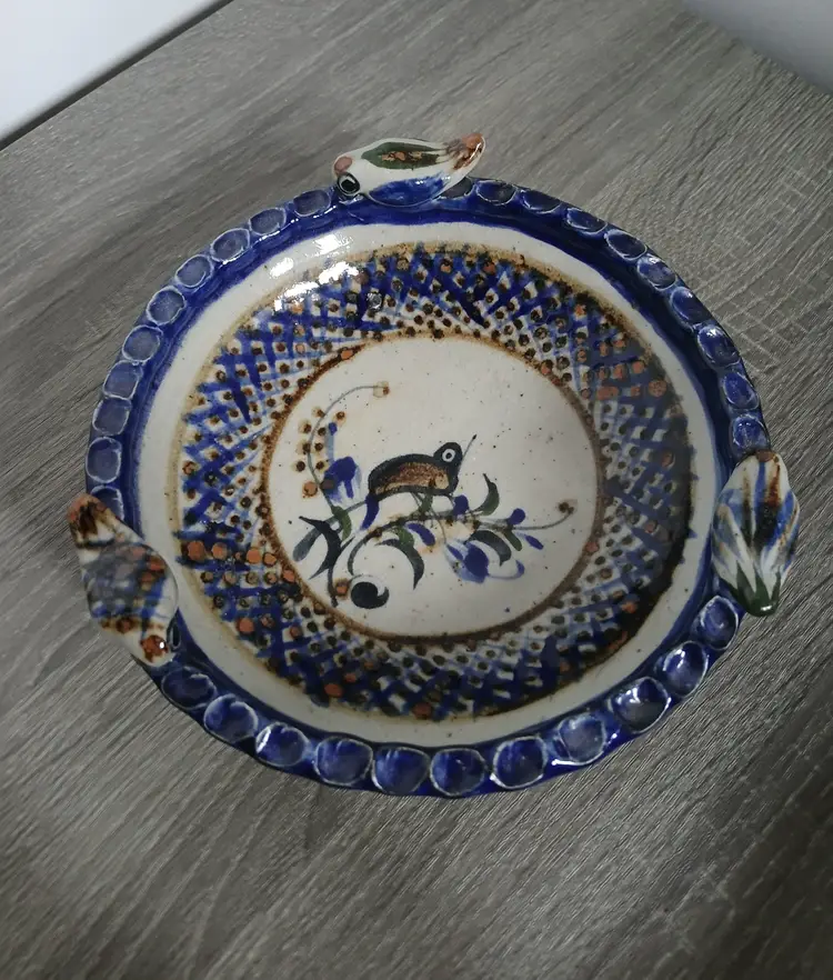 Vintage Tonala Mexican Pottery Bowl Applied 3D Birds Artist Signed Simeon Galvan