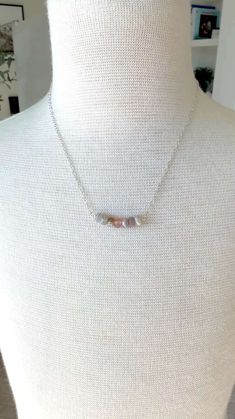 #53 Seven Faceted Botswana Agate  Gemstone Beads On A Sterling Silver Dainty Necklace 17”