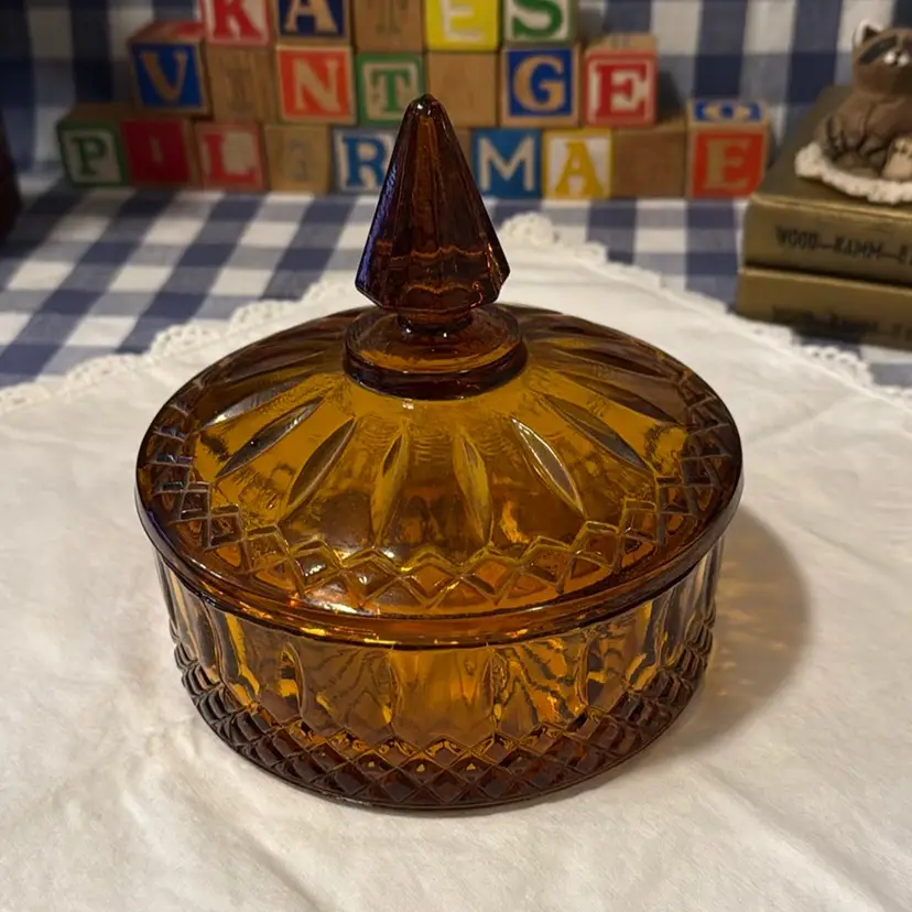 Vintage Princess Indiana Amber Glass Lidded Candy Dish