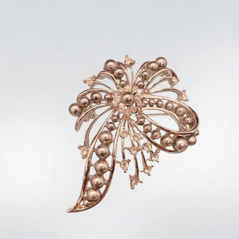 36. Nolan Miller Brooch Silver Tone Ribbon Bow w/Faux Pearl and Rhinestones