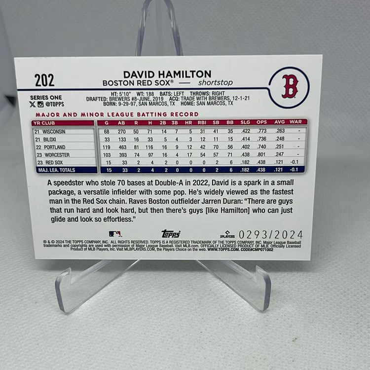 2024 Topps Series 1 DAVID HAMILTON Gold Parallel Red Sox RC 293/2024