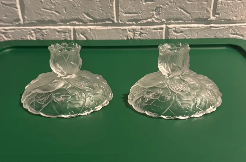 Fenton Clear Satin Glass Water Lily Candle Holders