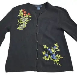 Vintage Women's Black Lambs Wool Floral Hand Embroidered Cardigan Cottagecore M