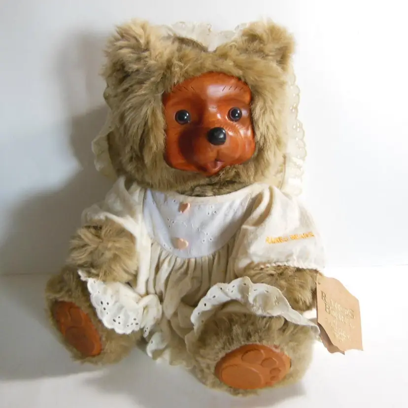 Vintage 1988 RAIKES BEAR, 16" Jenny, Home Sweet Home Collection Teddy Bear w/ Hand Carved Wooden Face & Feet! Limited Edition